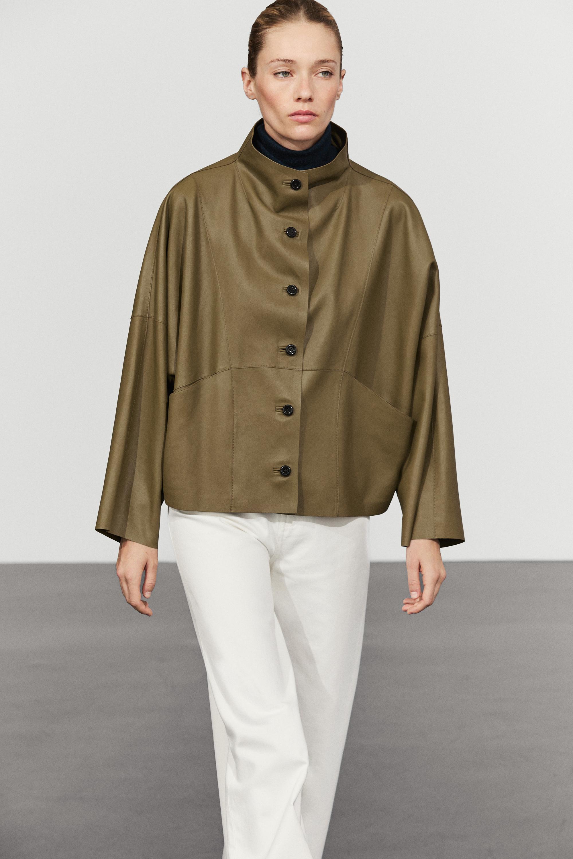 Stand collar nappa leather cropped jacket